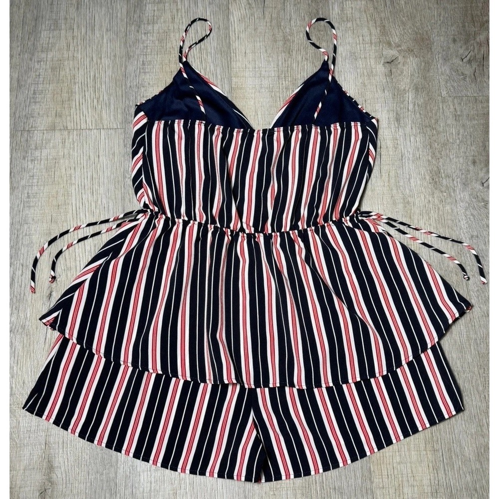 Vintage Shoppe Romper S-L Spaghetti Strap Faux Wrap Striped Red White & Blue - Picture 6 of 8